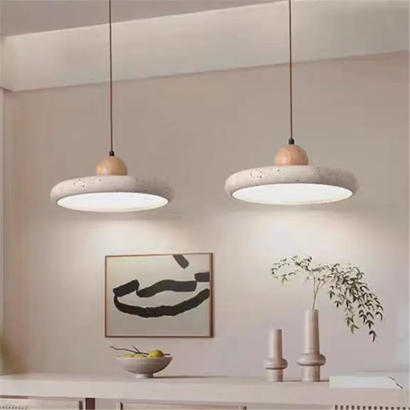 

Wabi sabi Art wood Pendant Light Yellow Travertine LED ufo hanging lamp Bedroom Bedside Decoration round dining Lighting