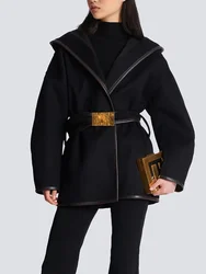 HIGH STREET Newest Fashion 2024 Designer Jacket Women's Batwing Sleeve Belted Hooded Wool Blends Coat