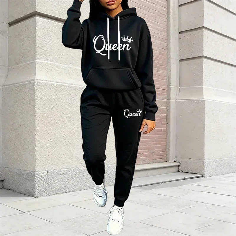 Autumn Winter Women's Outfits Queen Printing Casual Hooded Sweatshirts 2 Pcs Suit Outdoors Fashion Clothing Quality Pants Sets