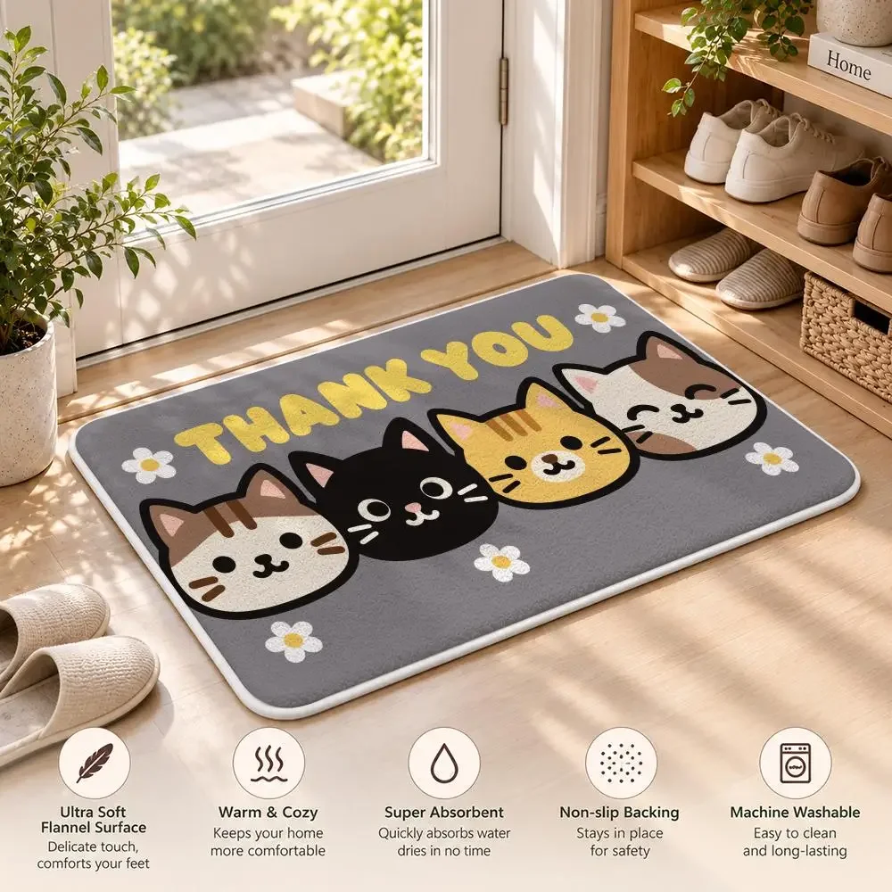 Thank You Cats Cute Chic Floor Mat Soft Flannel Non Slip Door Mat for Bathroom Bedroom Entryway Home Decor Gift