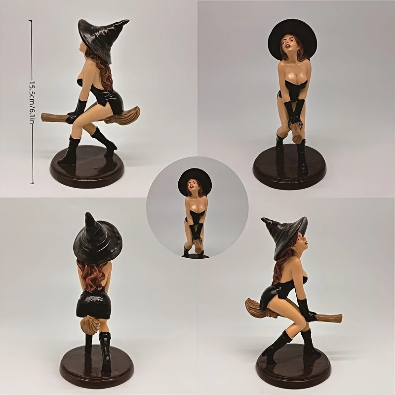 

Gothic The Dark Witch Witch Resin Statue Hand-Painted Dark Fairy Figurine On Broomstick Hooded Cape Halloween Home Decor New