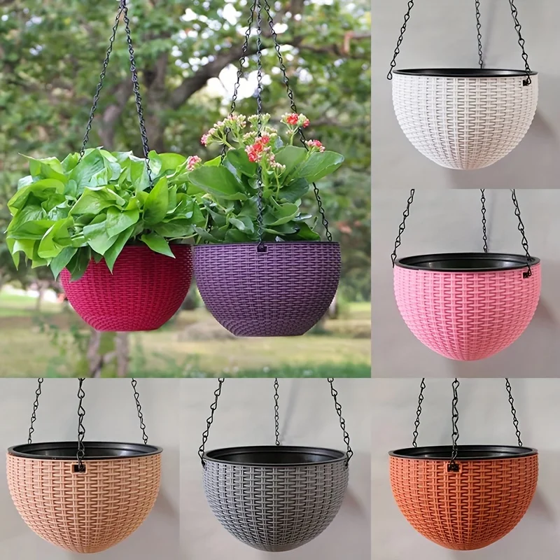 1PC Imitation Rattan Hanging Basket Flower Pot Creative Hanging Resin Pot for Indoor & Outdoor Home Decor European Style