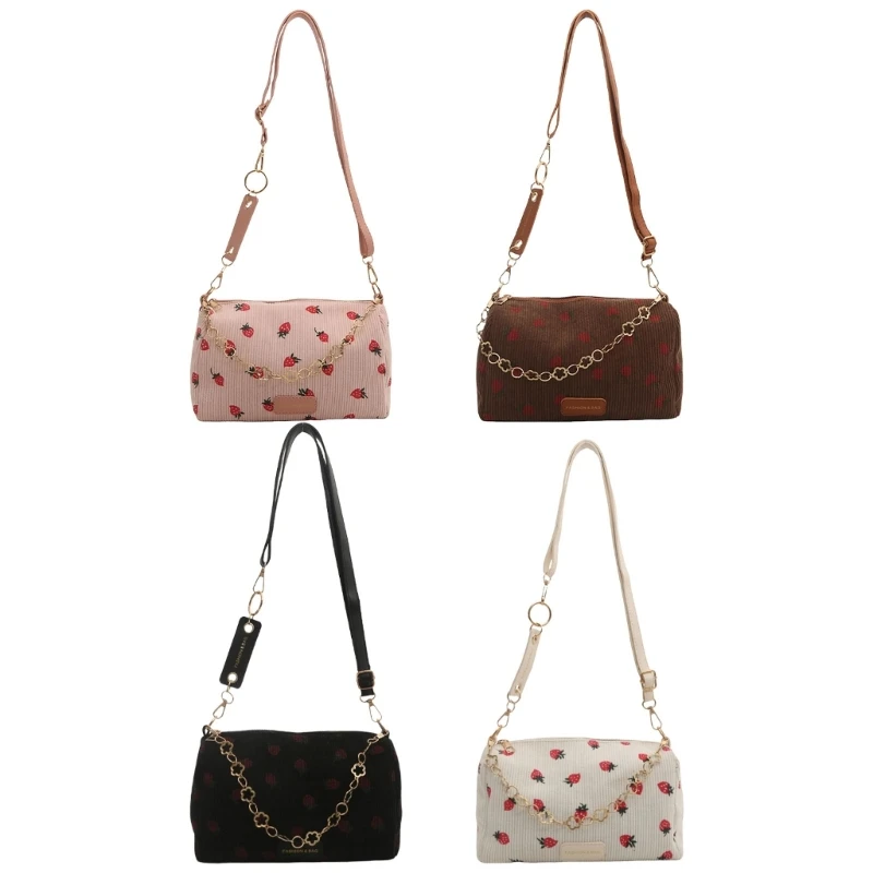 

E74B Trendy Strawberry Corduroy Handbag With Chain Versatile Crossbody Pillow Bag Casual Shoulder Bags For Women