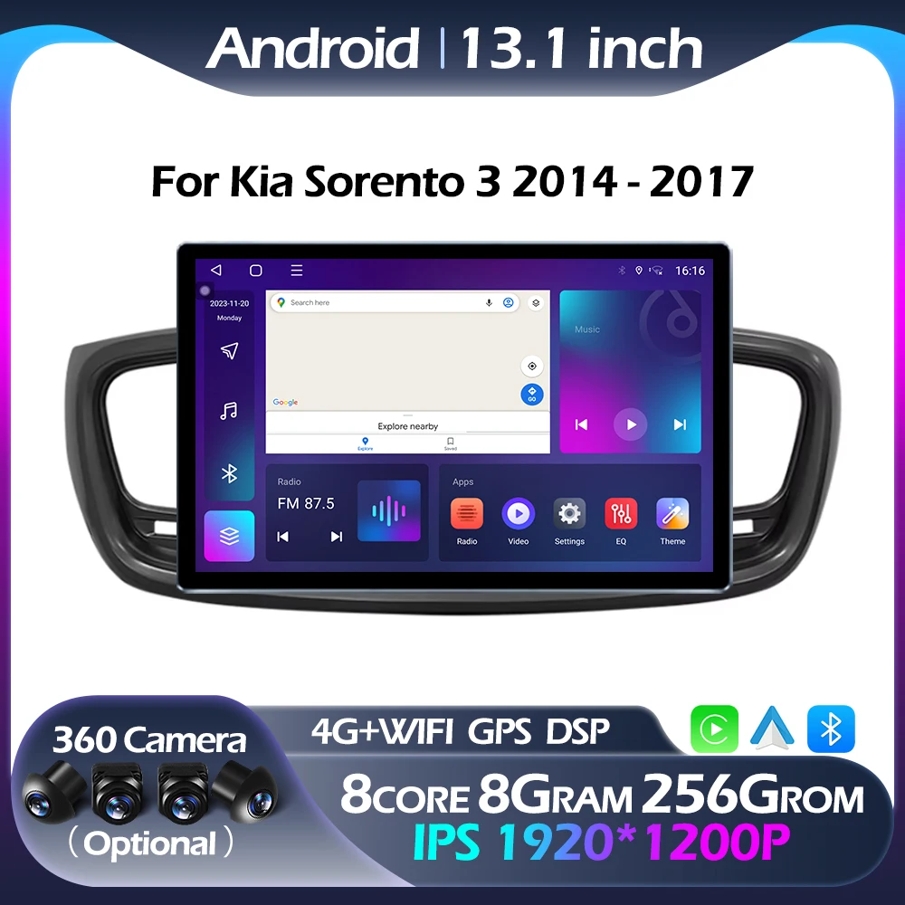 Android Auto 13.1Inch Car Radio For Kia Sorento 3 2014 - 2017 Multimedia Player GPS Navigation BT Wireless Carplay 4G Wifi