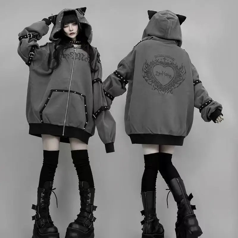 

Y2k Aesthetic Letter Print Punk Hoodies Women Gothic Loose Pocket Oversized Hoody Harajuku Casual Streetwear Zipper Sweatshirts