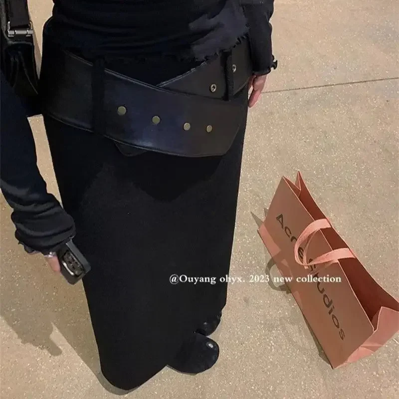 กระโปรงยาวแฟชั่นเกาหลี ฤดูใบไม้ร่วง ฤดูหนาว เอวสูง สีพื้น เรียบง่าย สไตล์ลำลอง พร้อมเข็มขัดสีดำ ผ้าขนสัตว์ กระโปรงทรงตรง รุ่น Y2k