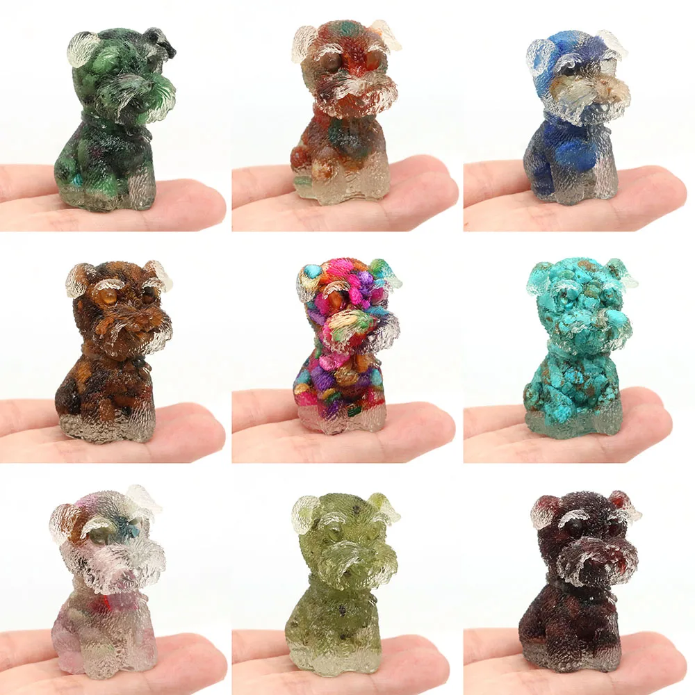 Teddy Dog Statue Natural Gravel Tumbled Stone Crystal Resin Carved Animal Figurine Crafts Healing Gemstone Room Home Decoration