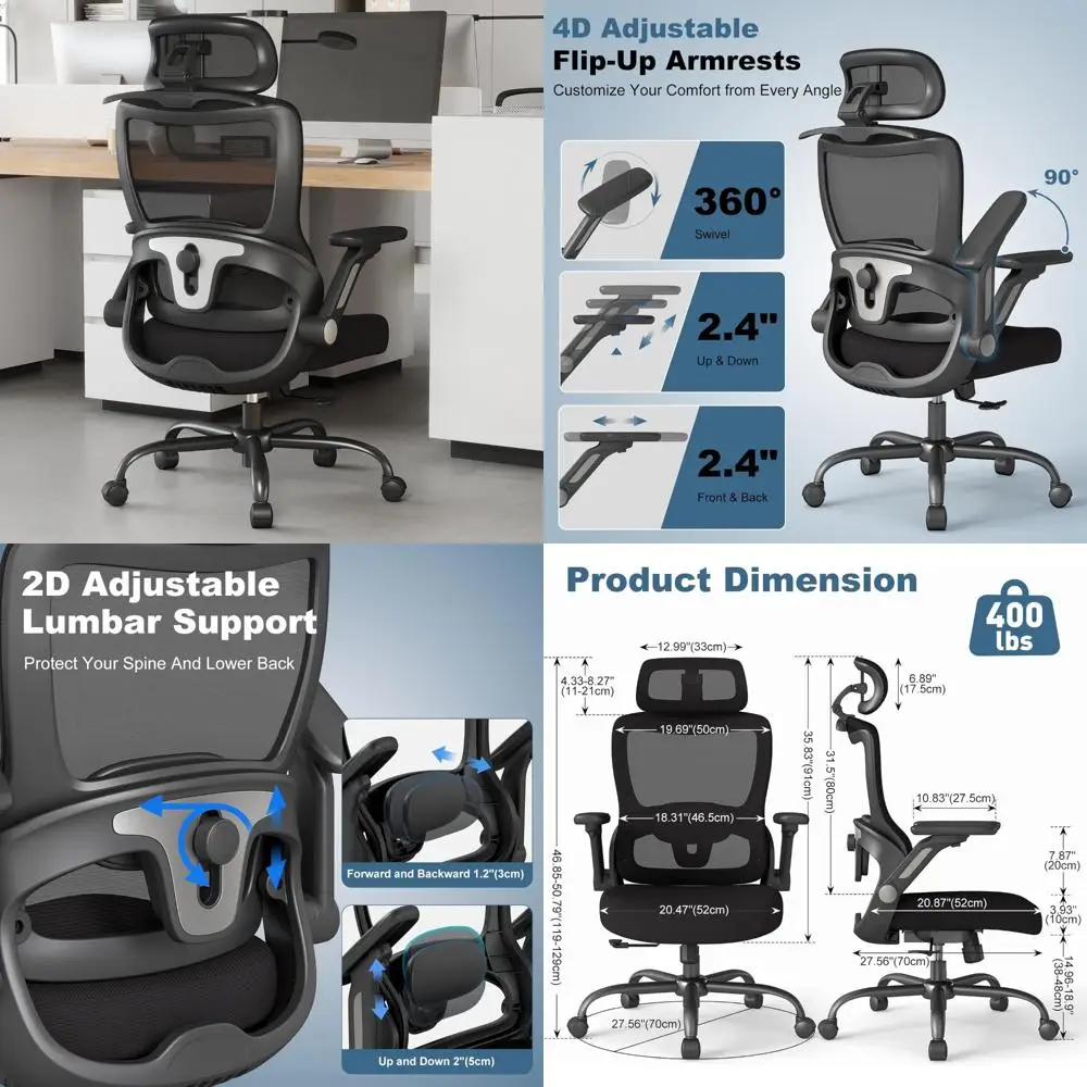 Kursi kantor ergonomis berbahan mesh dengan sandaran tangan 4D yang dapat disesuaikan, sandaran kepala 3D, dan sandaran punggung 2D untuk kemiringan 90-135 derajat