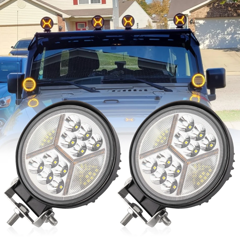

72W Round LED Pods Work Lights 4.5" Off Road DRL Light Combo Beam White Amber 12V 24V Driving Fog Bulb for Vehicle SUV Boat RV