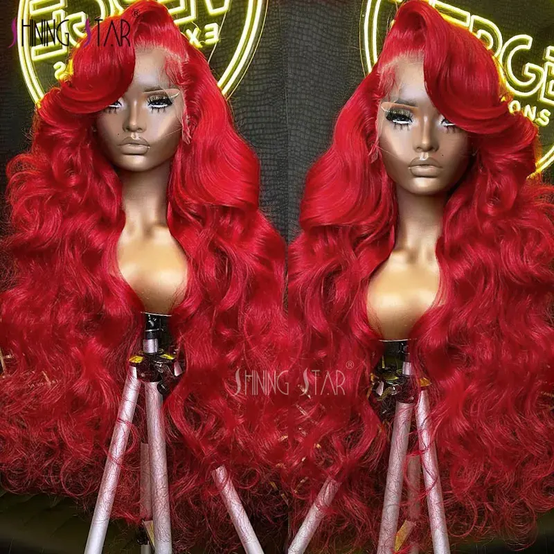 Peruca de onda frontal do corpo do laço para mulheres, cabelo humano pré arrancado, 13x4 HD, 13x6, vermelho, 13x4, 13x4