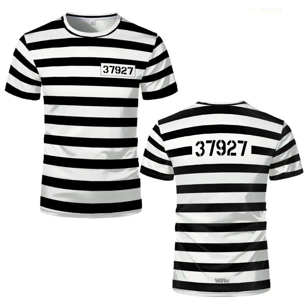 2026 New Prisoner Striped T-Shirt Black White Prison Theme Fun And Novel Short Sleeve Men's And Women's Party Cosplay Costumes