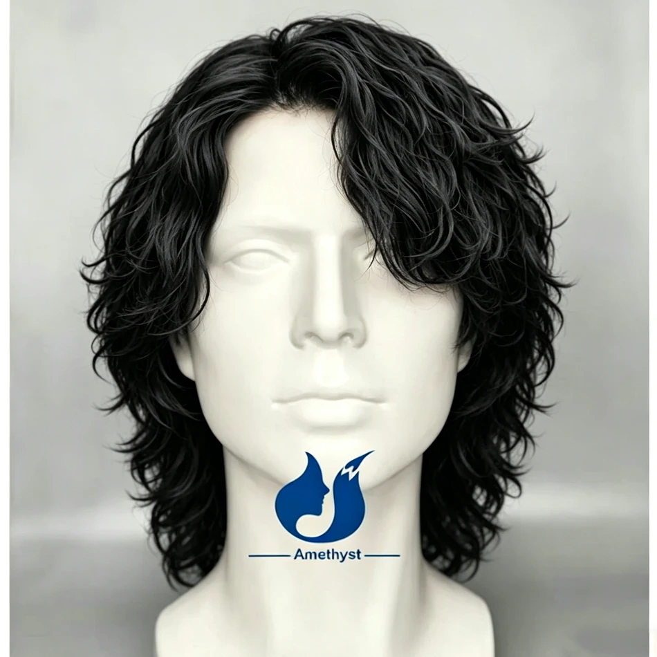 Amethyst Men's Loose Curly Brazilian Remy Hair Wig 13x6 Lace Front Short Cut Prestyled Bleached Side Part Human Hair Wig Wavy