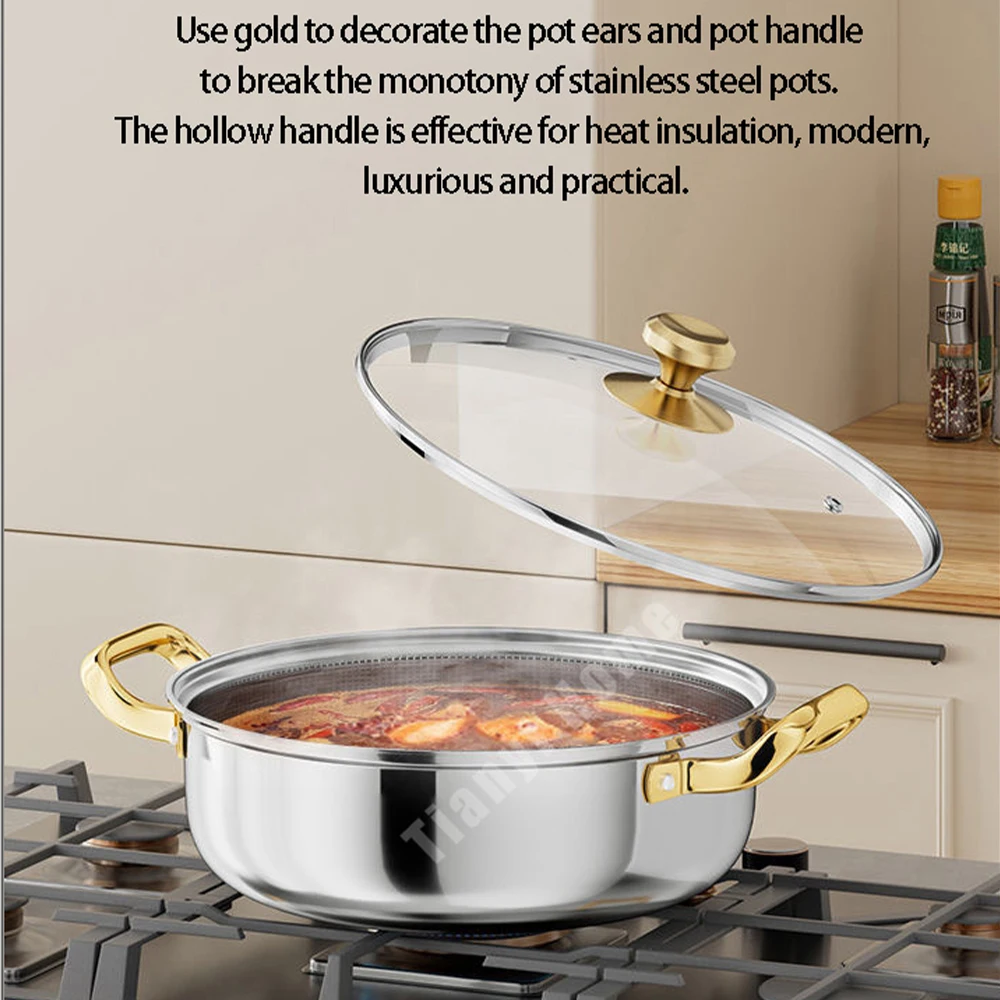 30cm Stainless Steel Soup Pot Frying Pan wok Non-stick Honeycomb with lid Household Hot Pot Induction Cooker Gas Stove Universal