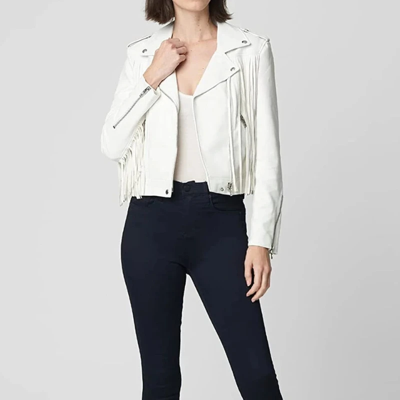 Women  Leather Jacket White Lambskin Genuine Leather Western Style Fringe Coat