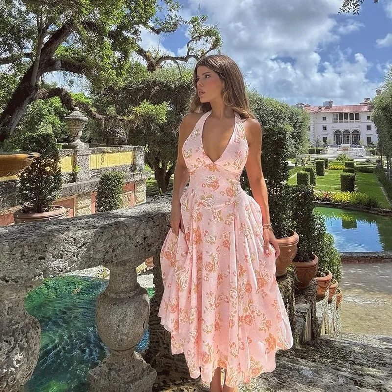 

Sexy Waist Wrap Pink Print A-line Long Dress Women Spaghetti Strap 2025 Spring Summer V Collar Dress Backless Party Dresses