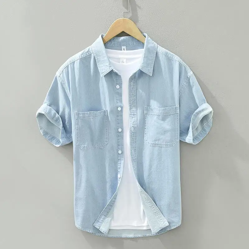 

Men's Denim Shirt Short Square Neck Top Casual Cotton Fiber Pocket Design Non-iron Treatment Daily Wear Summer Fashion
