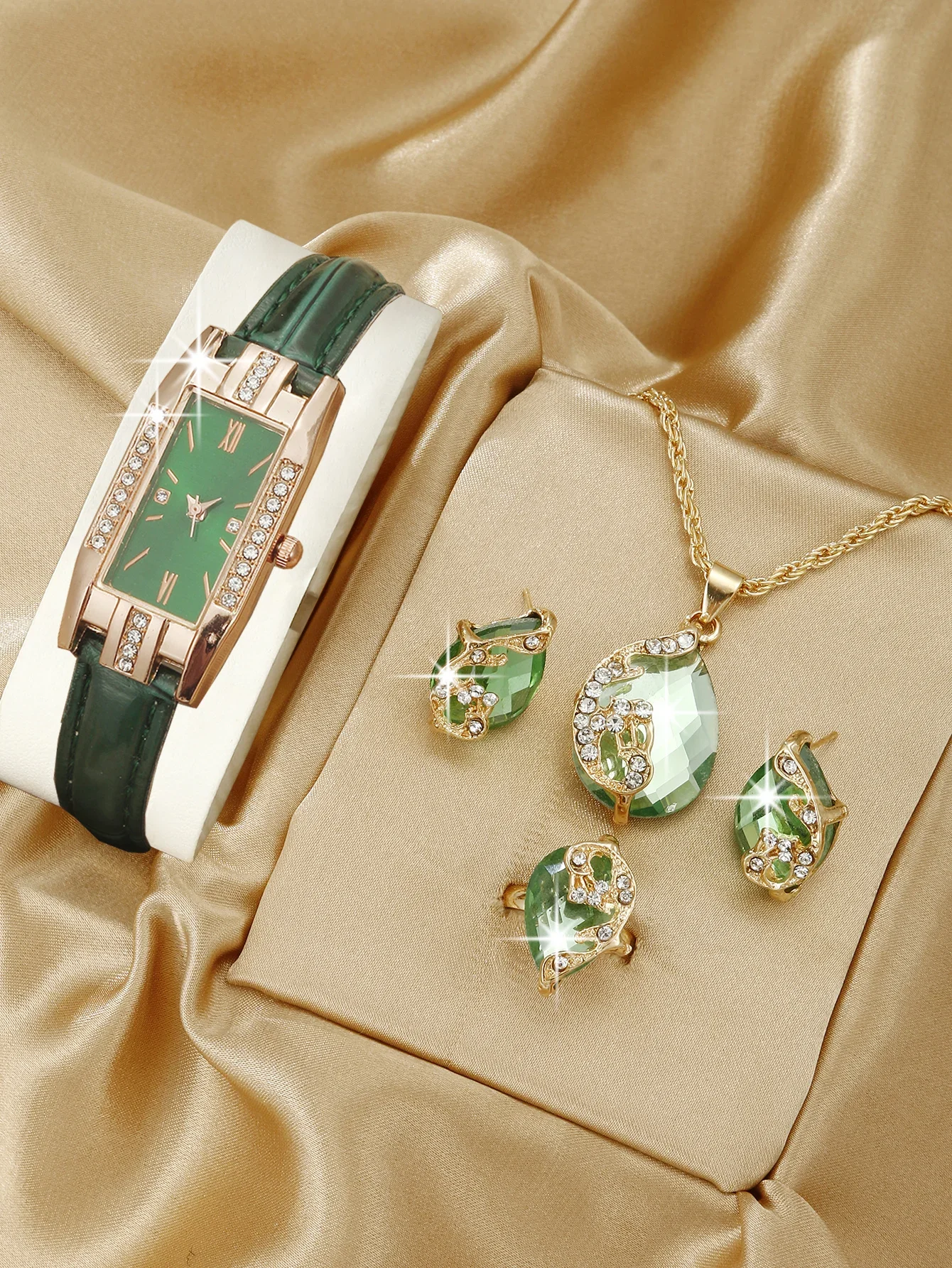 

5PCS Set Fashion Women Rectangle Watches Ladies Business Green Leather Quartz Watch Womens Necklace Earrings Bracelet Wristwatch