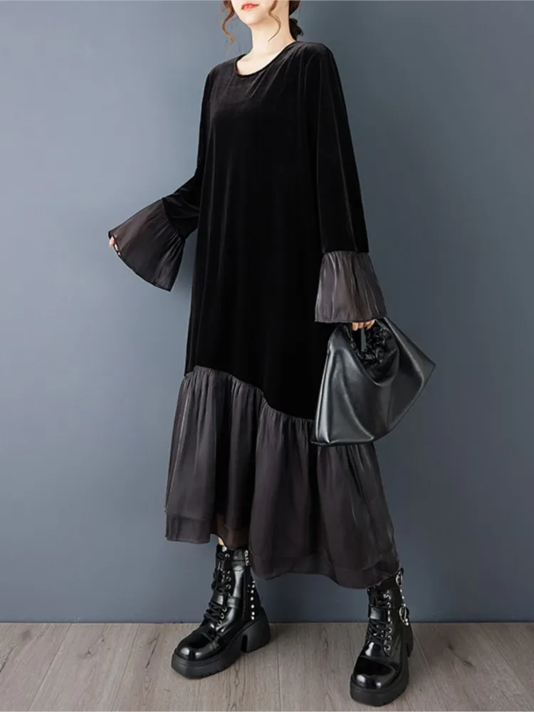 Robe surdimensionnée en velours pour femmes, rétro, Patchwork, évasée, manches longues, robes amples, printemps automne