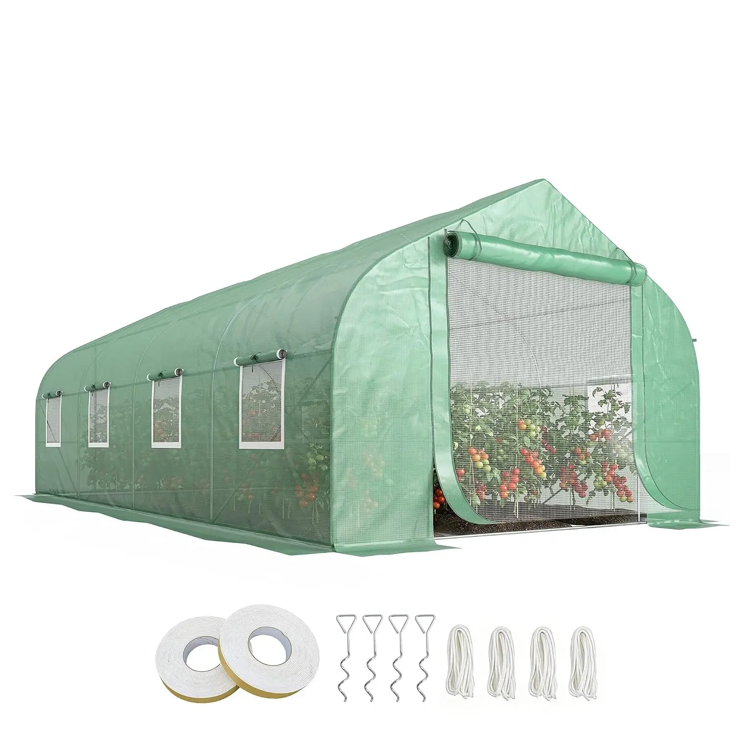 20 x 10 x 7 ft Walk-in Greenhouse with Roll-up Zipper Door Green
