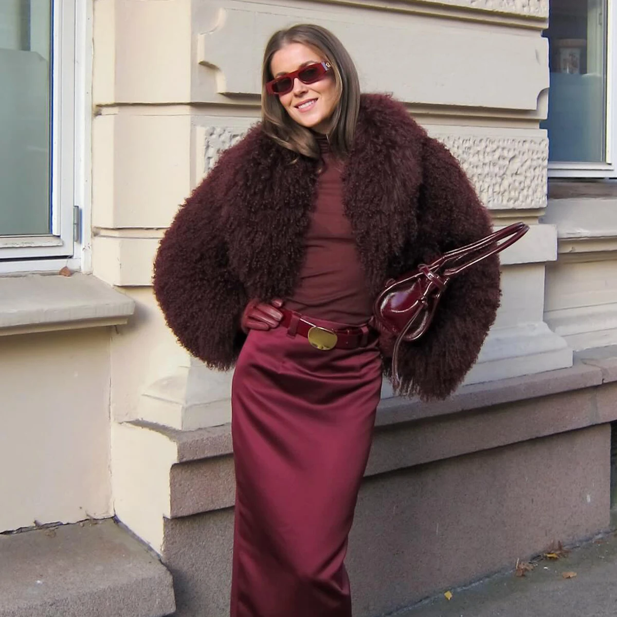 Women's Burgundy Cropped Faux Fur Coat Curly Fluffy Zip Up Jacket Lapel Collar Winter Warm Elegant Luxe Chic Outerwear