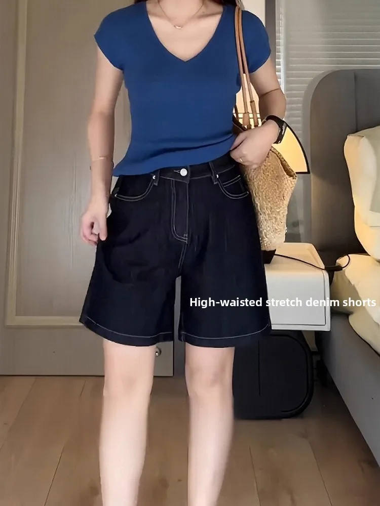 

Deep Blue High Waist Denim orts Women's Summer plus Size Slimming Casual Five-Quarter Length Elastic Waisand orts