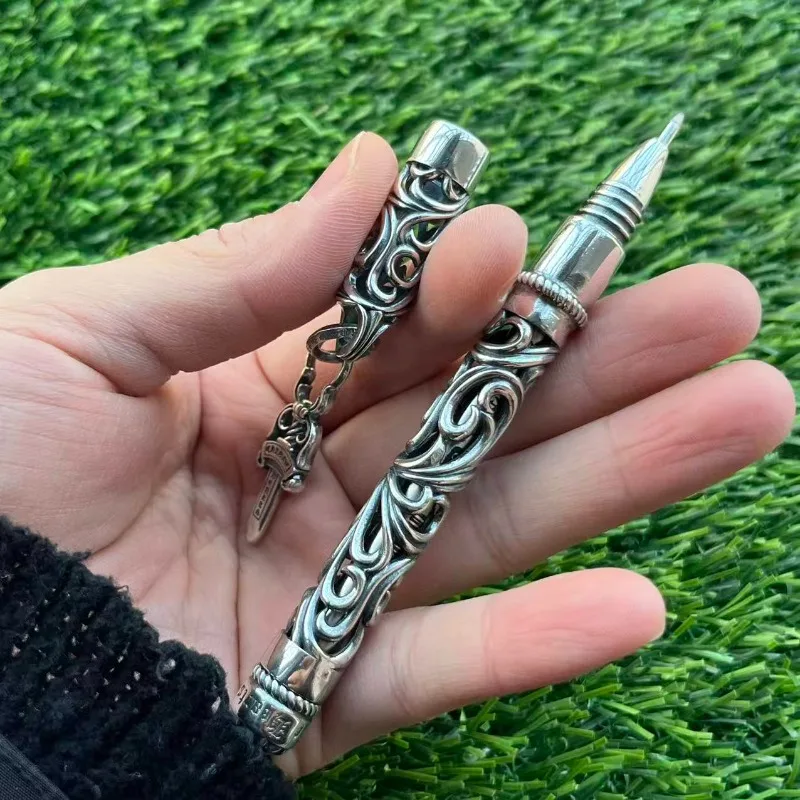 Luxury Stainless Steel Gel Pens Retro Cross Hollow Carved 925 Metal Ball Pens Black 0.5mm Art Supplies Cute Stationery Writing