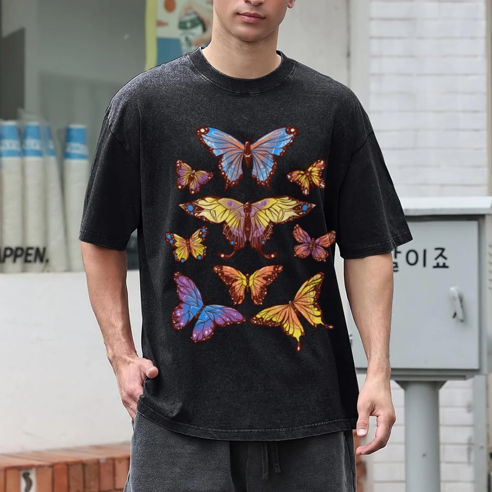 تي شيرت صيفي بلون متباين ، طباعة فراشة ، كتف لأسفل ، اتجاه الغسيل القديم ، أكمام قصيرة جديدة ، نمط Ins ، الموضة #3