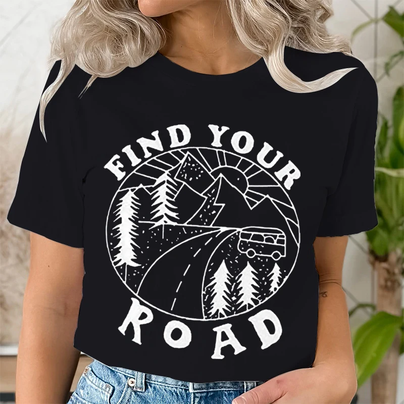 Mountain Adventure 여성용 로드 프린트 티셔츠, 카와이 그래픽 셔츠, 캐주얼 반팔 티, O-넥 하라주쿠 티셔츠 