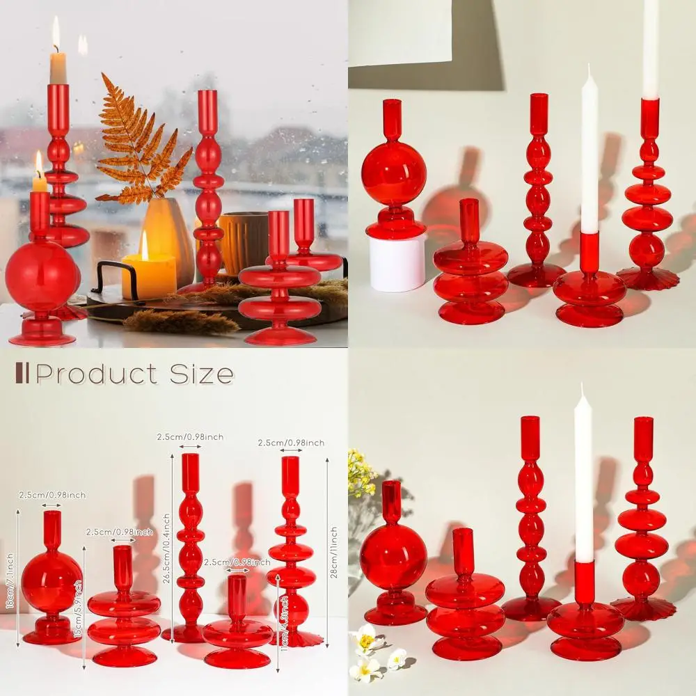 

Colorful Glass Taper Candle Holders - 5pc Set, Groovy Wavy Design, Clear Bases, Elegant Home Party Decor (Red)
