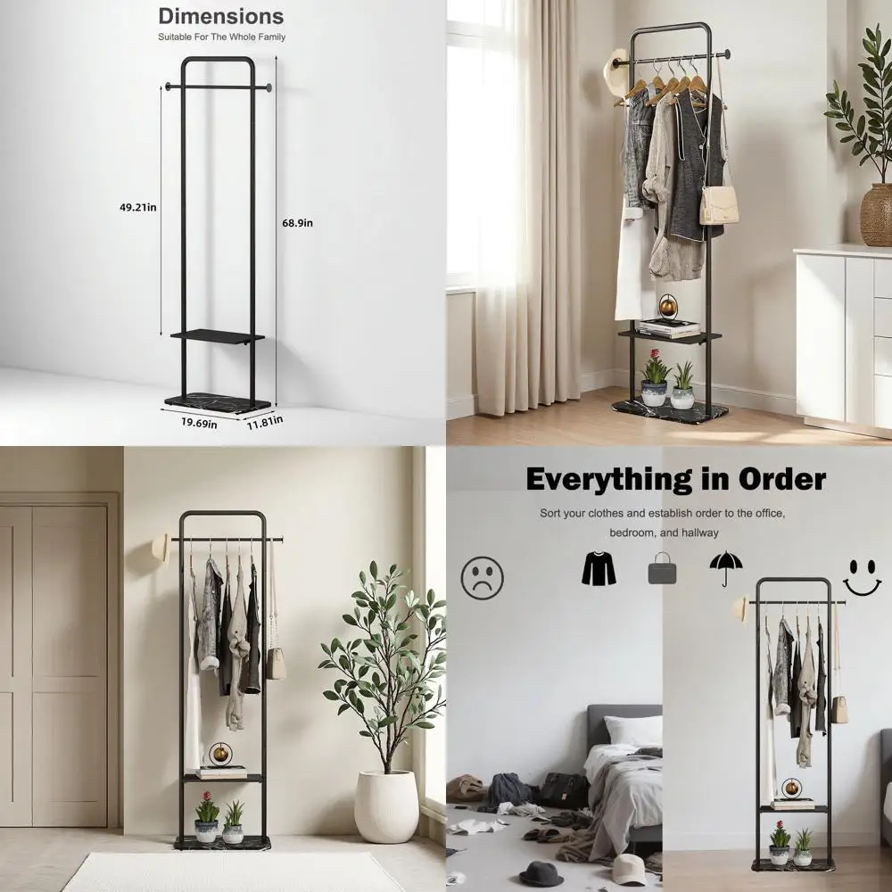 

Напольная вешалка для одежды с мраморным основанием, черная металлическая стойка для пальто и сумок, идеально подходит для прихожих и коридоров (19.7)