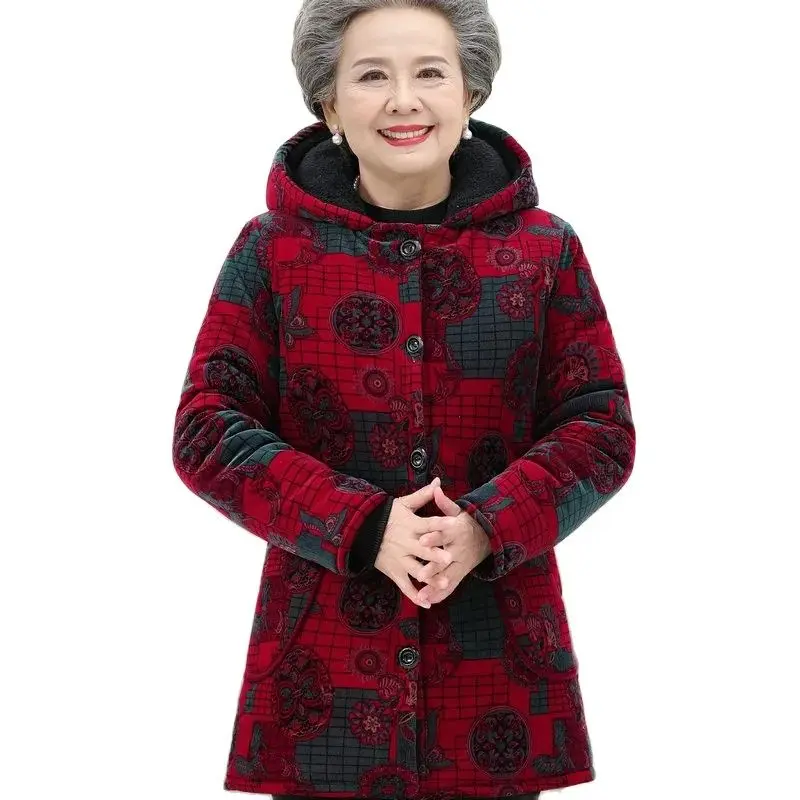 Grandma\'s Clothes Padded With Velvet Cotton-Padded Jacket\'s Elderly Women Wear Winter Medium Long Old Lady Corduroy Hooded Coat