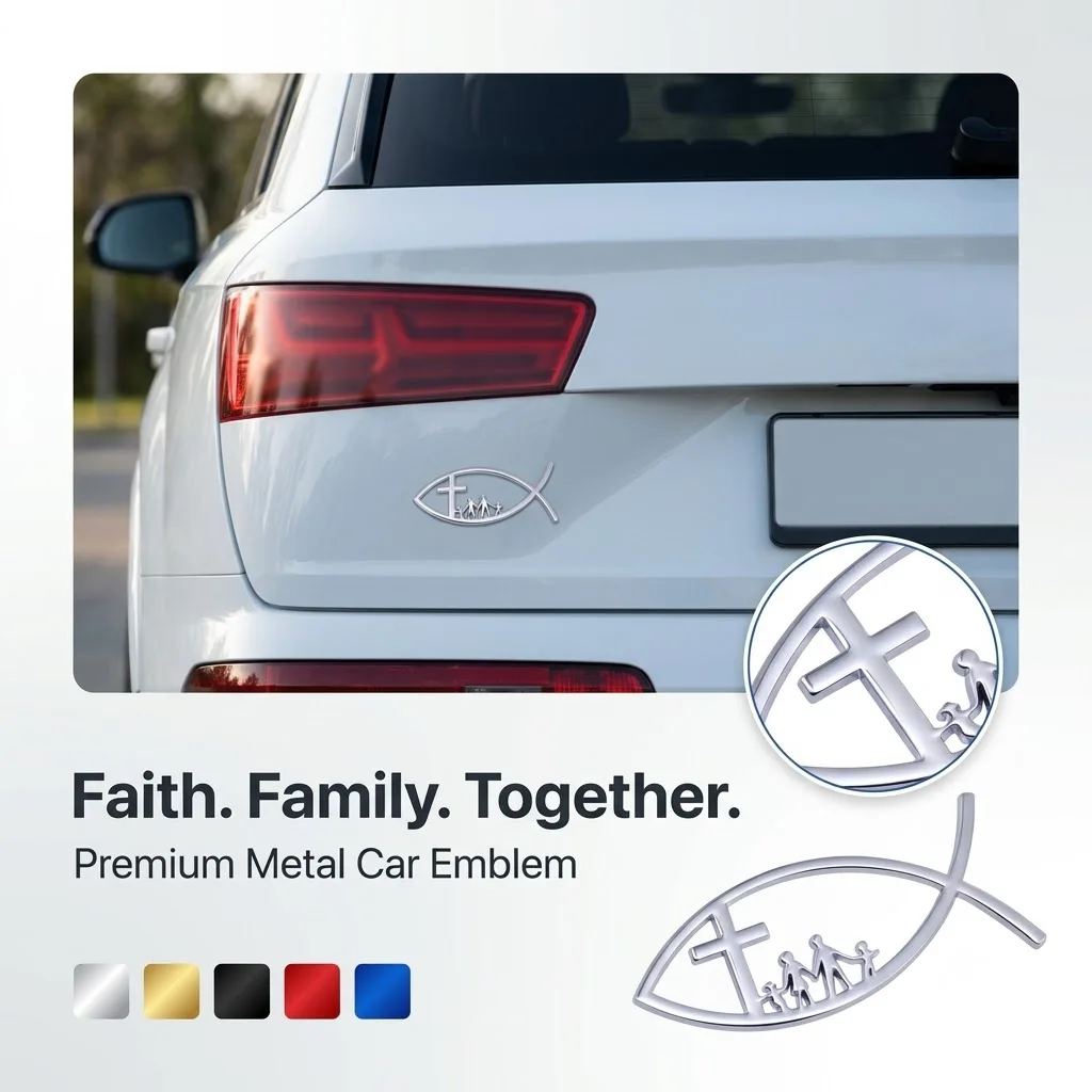 3D Metal Christian Family Cross Car Emblem, Self-Adhesive Religious Cross Badge for Rear Trunk, Tailgate and Exterior Auto Decor