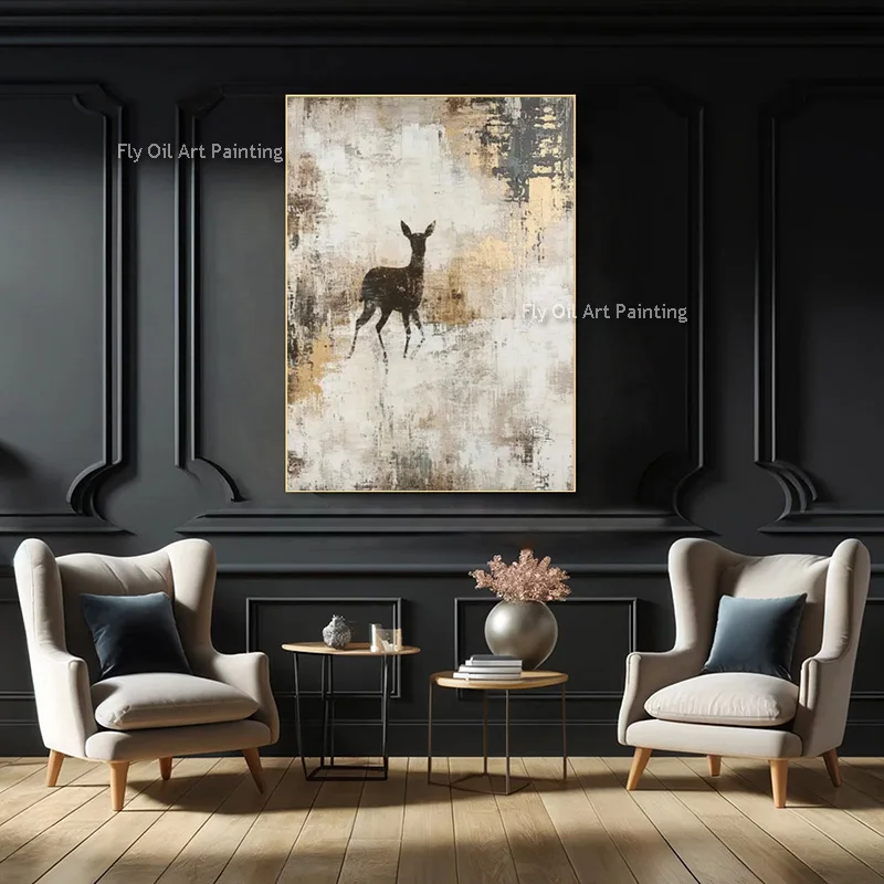 

Бежево-серое искусство: Простое настенное искусство с изображением черного оленя сика, крупный оригинальный дизайн, черно-серая абстрактная картина на холсте маслом