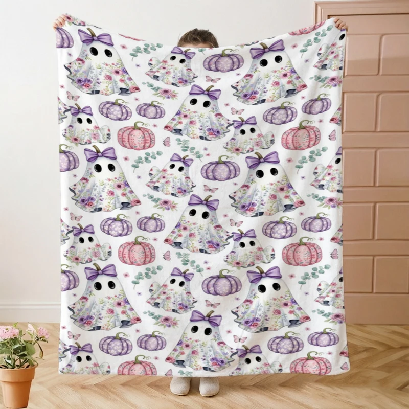 Floral Bow Ghost Purple Pumpkin Halloween Throw Blanket Balcony Leisure Corner Warm Blanket Guest Living Room Patio Presents
