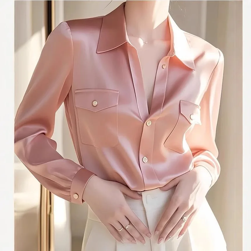 Beautiful temperament commuter professional yellow satin long-sleeved shirt women's spring new small