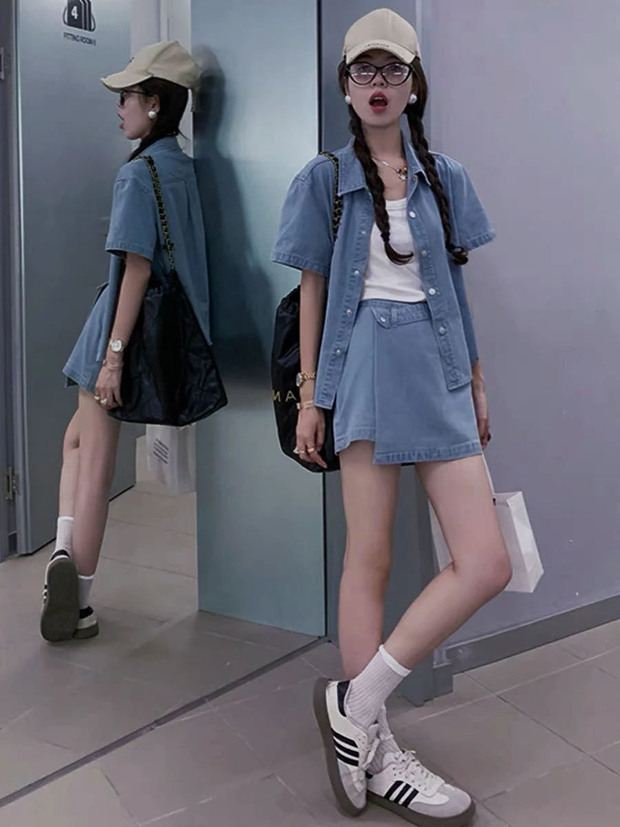 Set Rok Denim A-Line Longgar Slim Fit Wanita dengan Kerah Lipat dan Ikat Pinggang, Pakaian Kasual Katun Modis