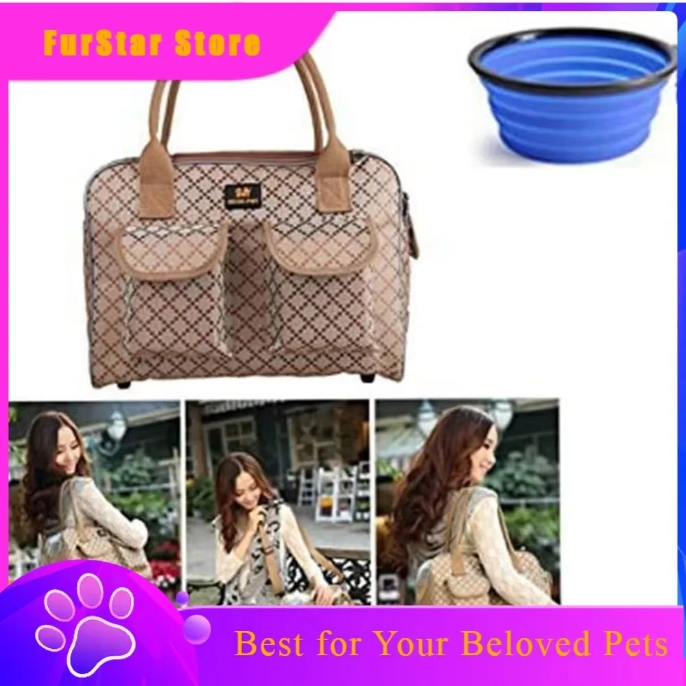 FurStarDog Carrier Bag Pet Tote Bag Doggie Handbag Cat Purse Puppy Pouch, Free Collapsible Dog Bowl Included (M Khaki)