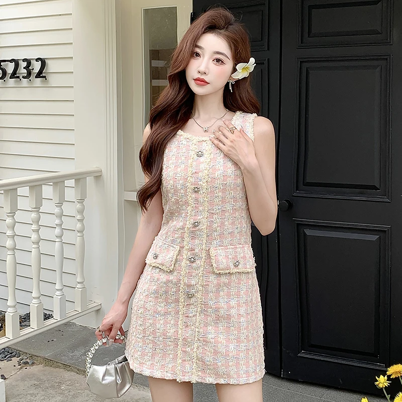 New Women\'s Pink Tweed Tank Mini Dress Slant Button Design Ladies Sleeveless U-Neck Slim Short Robe