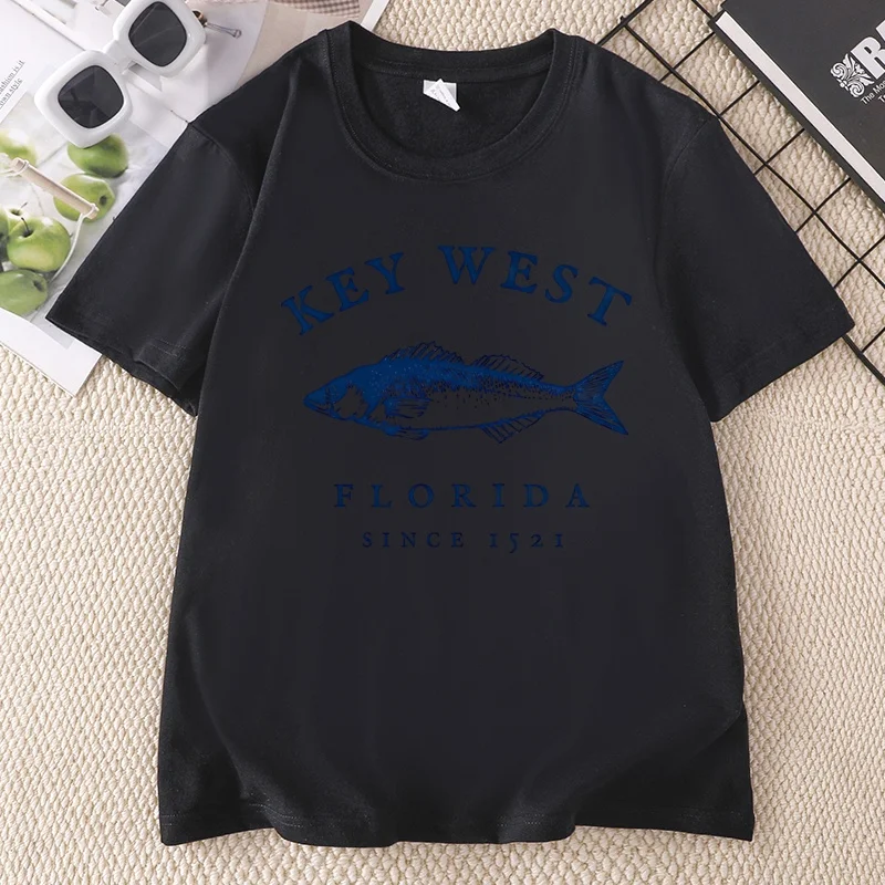 Key West Florida Vintage Fish Graphic Print T-Shirt Women Coastal Beach Florida Vacation Casual Tee Summer Short Sleeve