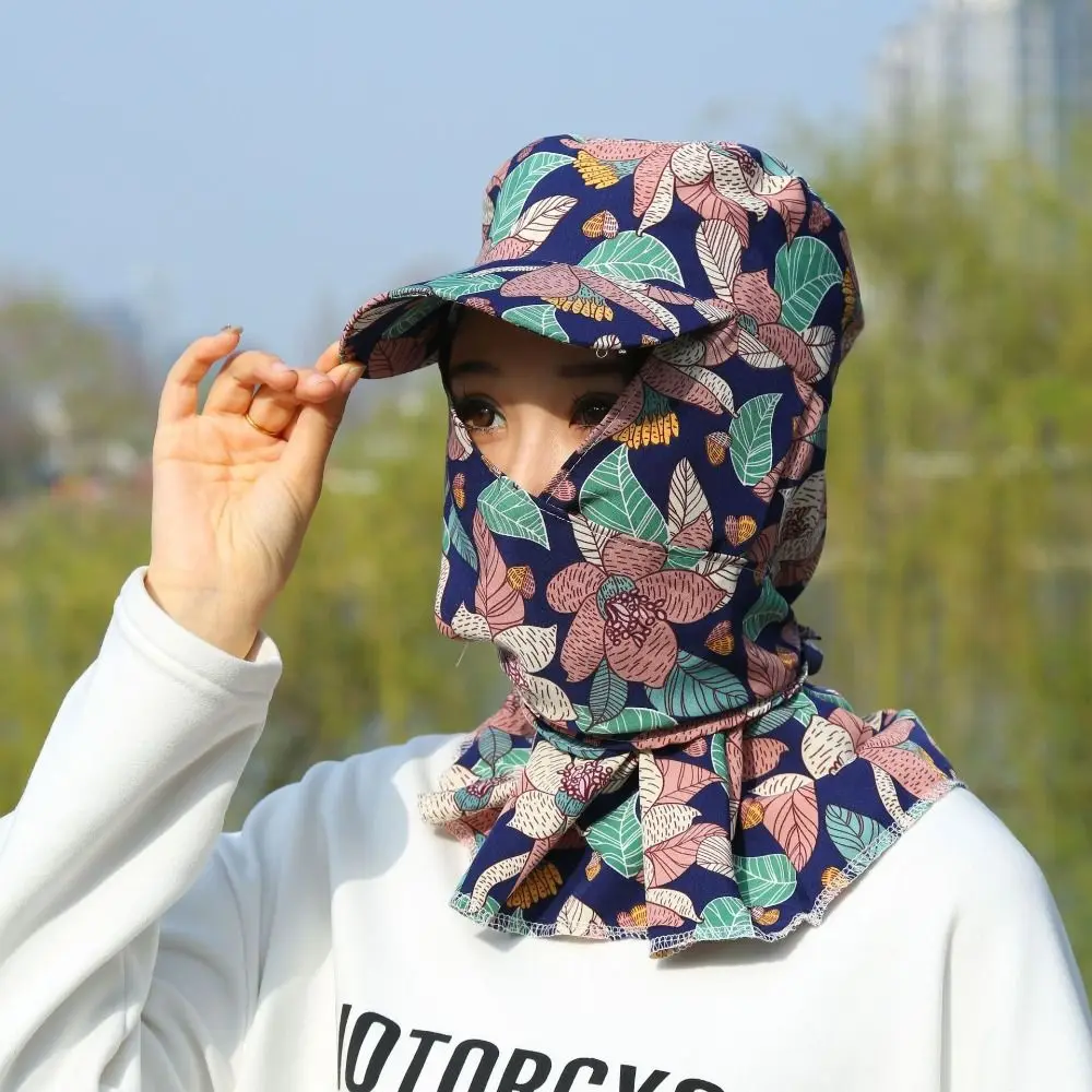 Outdoor Wide Brim Sun Hat Breathable Anti-UV Tea Picking Cap Flower Pattern Neck Protection Sun Visor Cap Summer