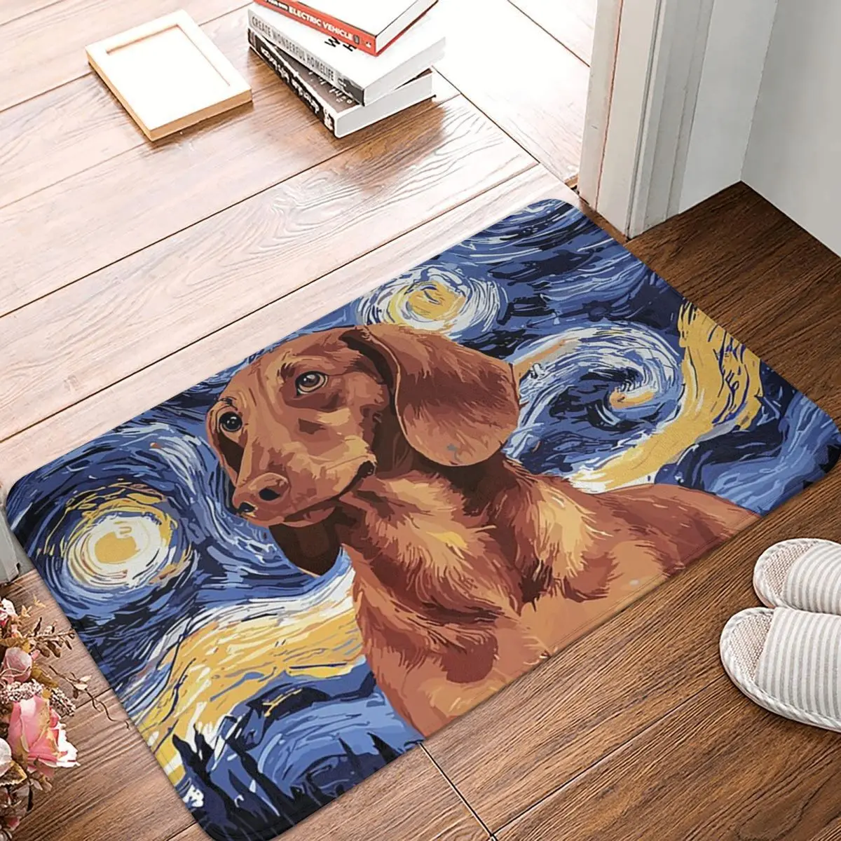 Dachshund Dog Lovers Van Gogh Style Starry Night Non-slip Doormat Floor Mat Carpet Rug for Kitchen Entrance Bedroom Footpad Mats