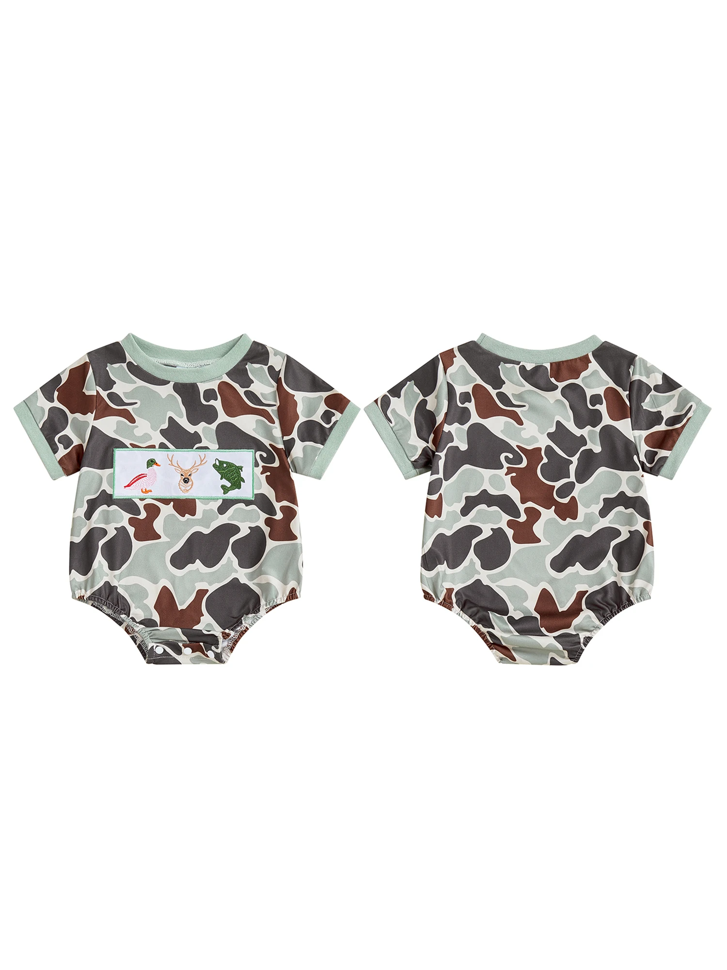 

Детский комбинезон с камуфляжным принтом, милыми животными, вышивкой, короткими рукавами и круглым вырезом для летних забавных комбинезонов