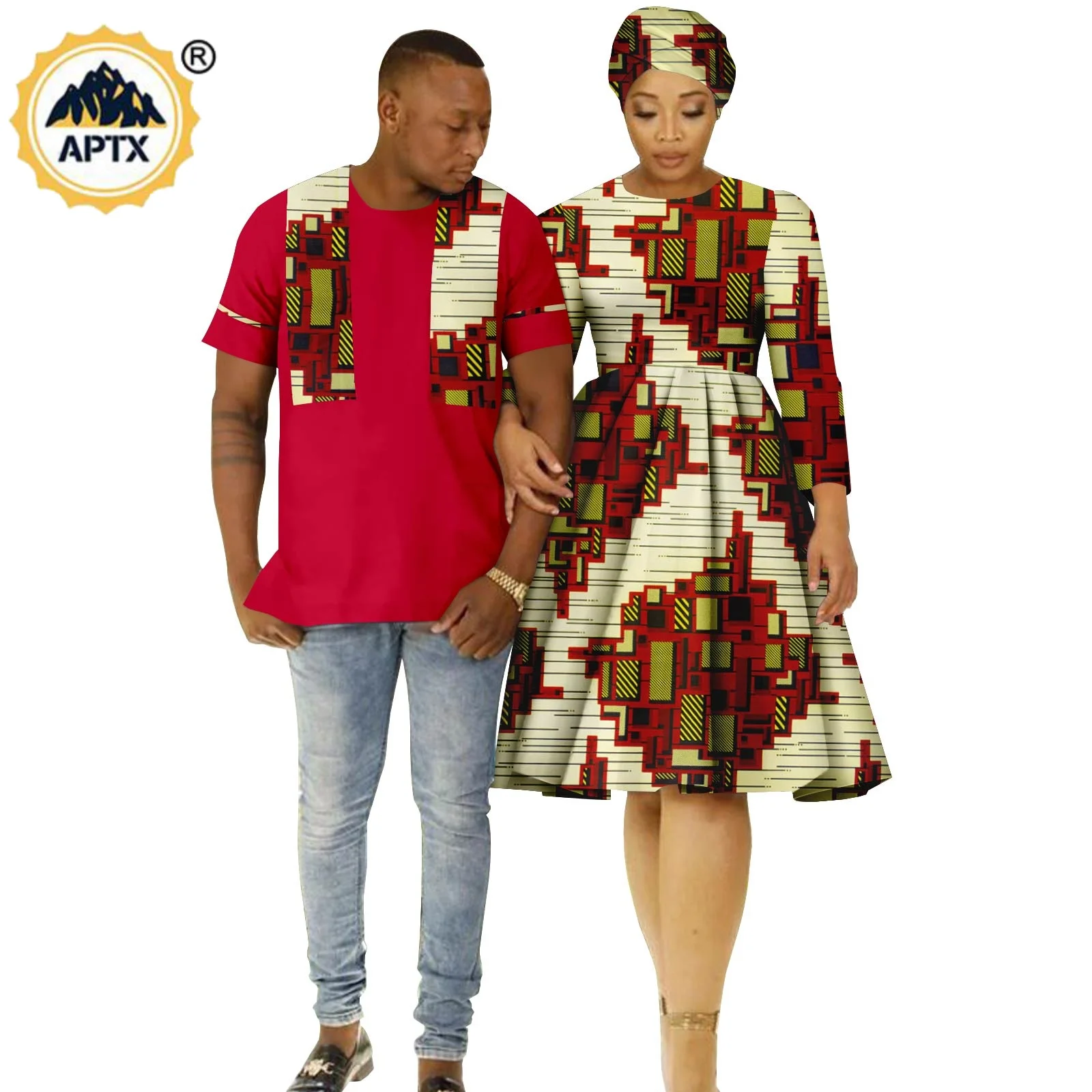 

Dashiki African Knee-length Print Dresses for Women Headwraps Matching Couple Outfits Bazin Riche Men Top Shirt Y23C064