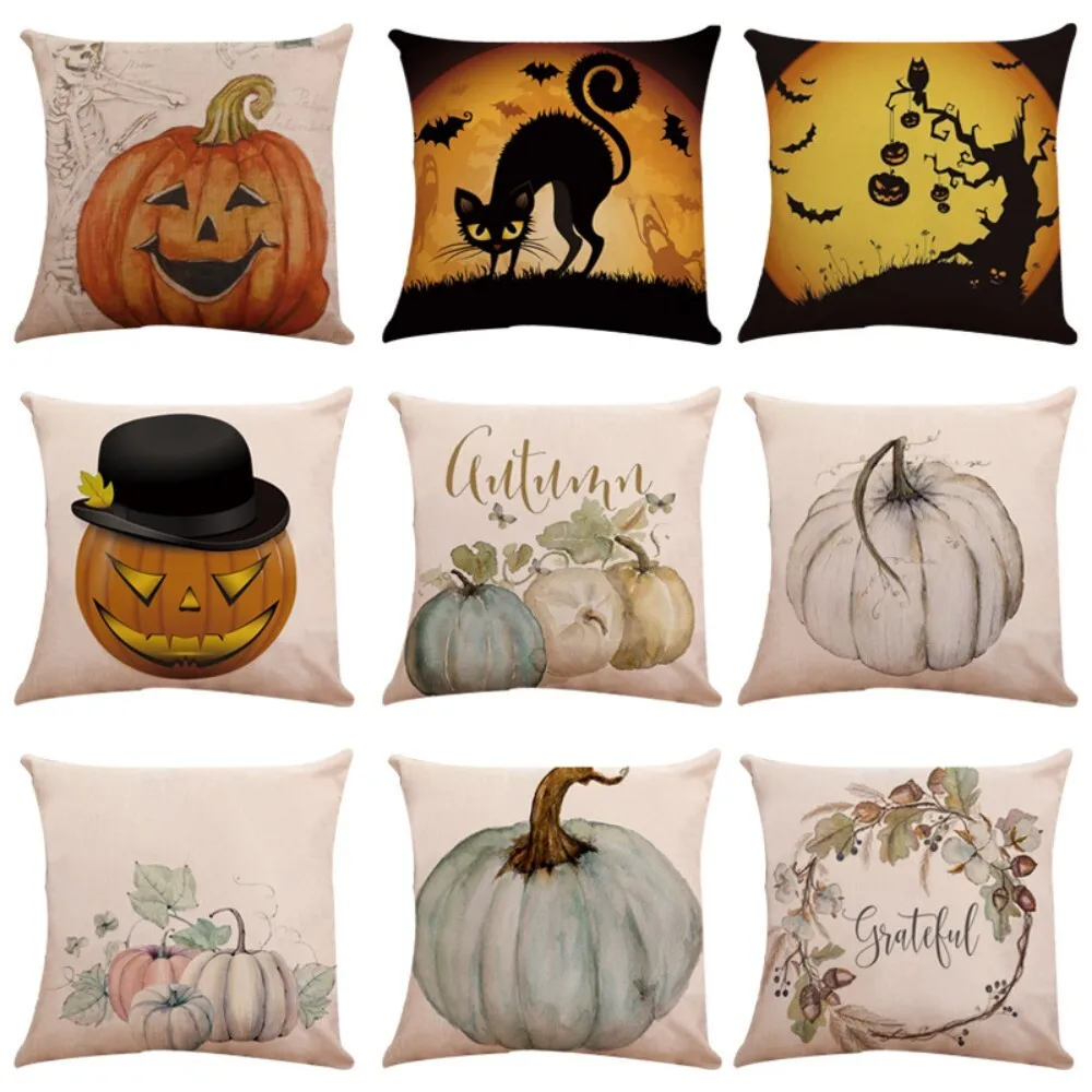 

Halloween Pillow Cover Home Decoration Cushion for Living Room Bedroom Sofa Fall Autumn Harvest Theme Cotton Linen Fabric