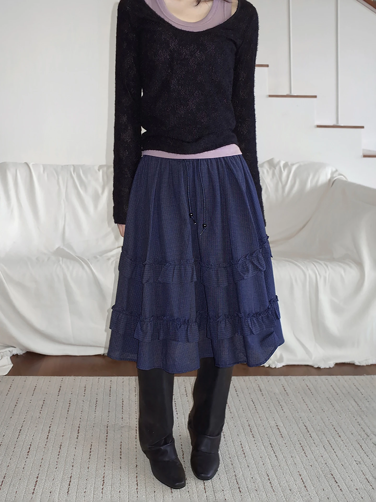 Retro Japanese Style High Waist Midi Skirt with Double Flounces Forest System Checkered Cake Skirt Elastic Waist Half Body Skirt
