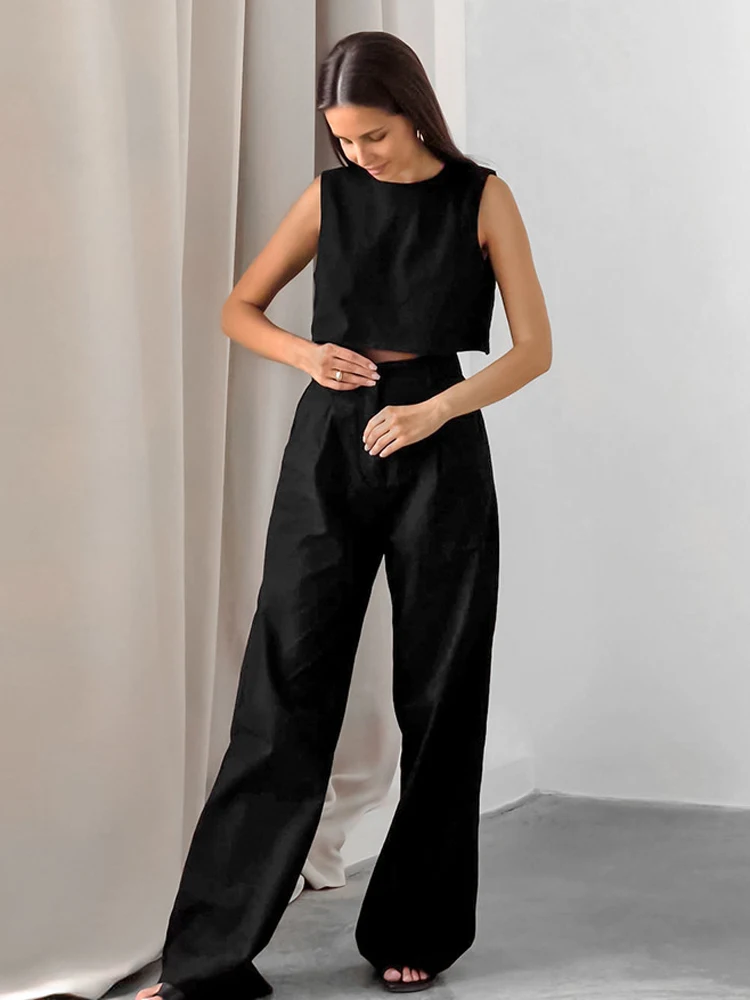 

2024 Fashion Black Cotton Linen Long Pants Sets Office Tank Tops +Wide Legs Pants 2 Pieces Suits Summer Casual Women Outfits