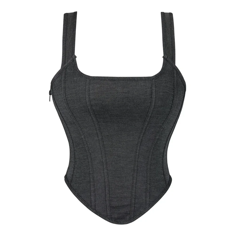 

Женский сексуальный темно-серый джинсовый тканевый корсет с завышенной талией, топ с эффектом пуш-ап, сексуальный формирователь для похудения, боковая молния, плечевой ремень, бюстье, жилет