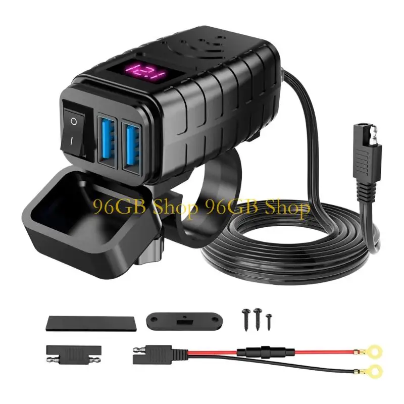 96GB Motorcycle USB Charging Adapter Double QC3.0 Fast Charging with Display Switches ABS Material Motorbike Accessories