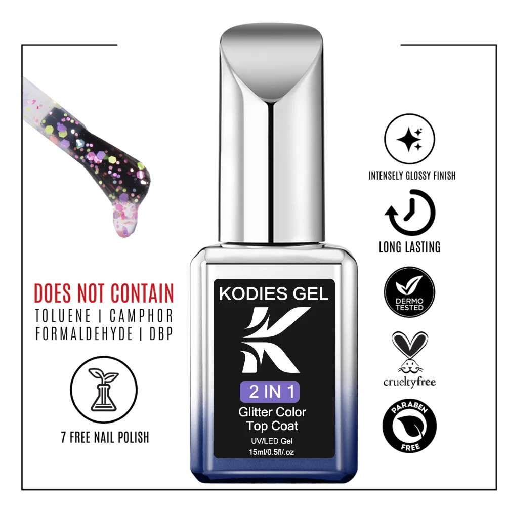 KODIES-Esmalte UV Semi-Permanente com Gel, Top Coat Glitter, Confete, Arco-íris, Lantejoulas, Acabamento, Gellak, Manicure, 15ml