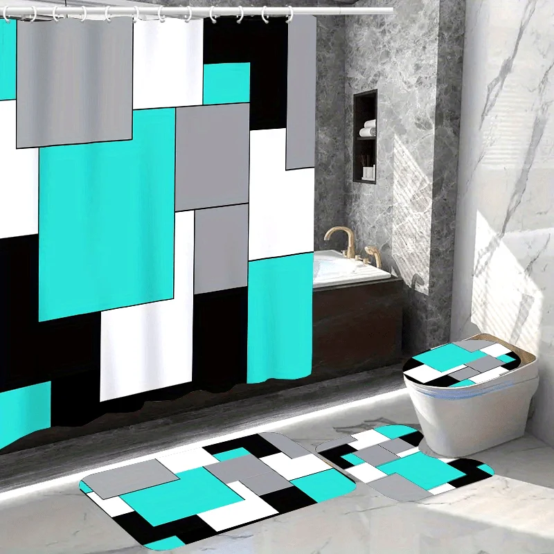 Water-Resistant Bathroom Set with Non-Slip Rug, Toilet Cover, Bath Mat, and 12 Hooks - Fashion Themed Polyester Bath Ensemble, E